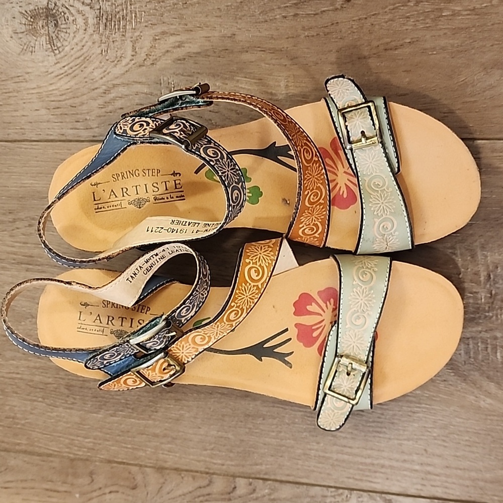 L'ARTISTE Tanja Ankler Strap Sandal Wedge Leather Hand Painted size 41 / 9.5-10